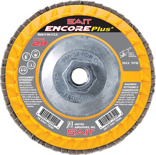 5" x 5/8"-11 SAIT Encore Plus+ Flap Discs with Super-Lock™ Hub, 60 Grit, Type 29, Premium Zirconium Grain, Plastic Backing, Regular Density, United Abrasives 72346