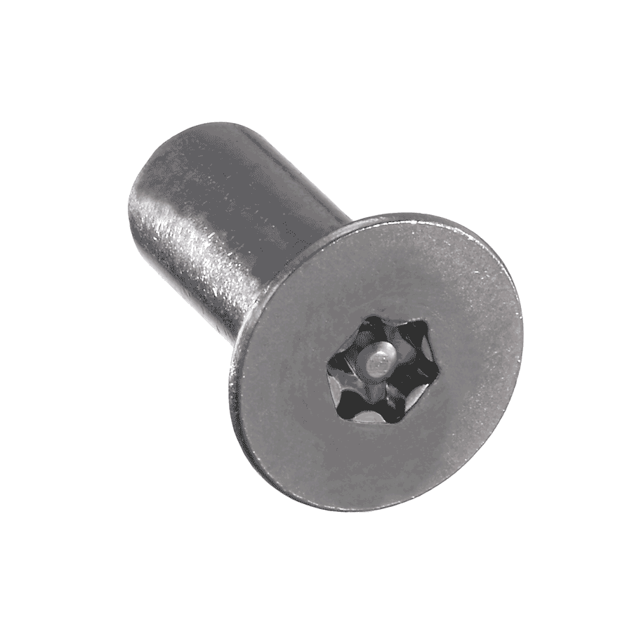3/8" Flat Head Tamper Resistant Post Nuts Torx® Equivalent 6-Lobe, 3/8" Barrel Dia., 5/16"-18 Thread, 1" Barrel Length, T45 Driver, Stainless Steel