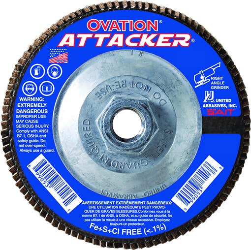 6" x 5/8"-11 Z Premium Zirconium Grain Ovation Attacker Flap Discs, Type 27, 40 Grit, High Density, United Abrasives 76346