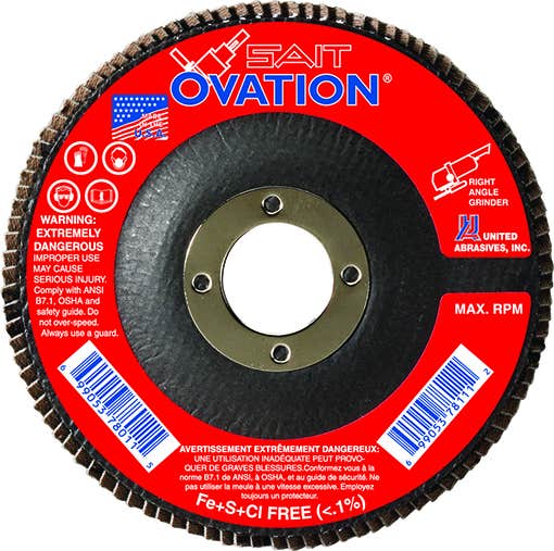 4-1/2" x 7/8" Z Premium Zirconium Sait Ovation Flap Discs, High Density, Type 27, 60 Grit, 13,300 Max RPM, United Abrasives 78008
