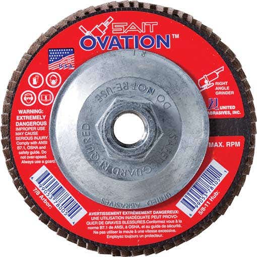 4-1/2" x 5/8"-11 Z Premium Zirconium Sait Ovation Flap Discs, High Density, Type 27, 40 Grit, 13,300 Max RPM, United Abrasives 78106