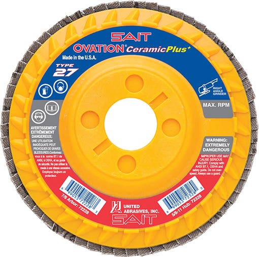 5" x 7/8" SAIT Ovation Ceramic Plus+ Flap Discs, 36 Grit, Type 27, Premium Ceramic Grain, 12,200 Max RPM, Plastic Backing, High Density, United Abrasives 72232