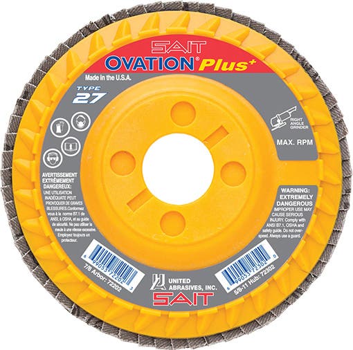 5" x 7/8" SAIT Ovation Plus+ Flap Discs, 60 Grit, Type 27, Premium Zirconium Grain, 12,200 Max RPM, Plastic Backing, High Density, United Abrasives 72209