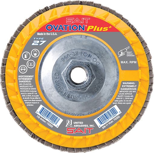 5" x 5/8"-11 SAIT Ovation Plus+ Flap Discs with Super-Lock™ Hub, 36 Grit, Type 27, Premium Zirconium Grain, 12,200 Max RPM, Plastic Backing, High Density, United Abrasives 72307