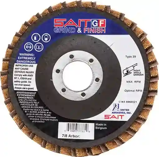 5" x 7/8" Sait GF - Grind & Finish Interleaf Flap Discs, 150 Grit, Very Fine, Aluminum Oxide Grain, United Abrasives 77728
