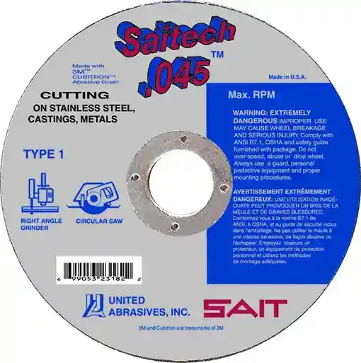 5" x .045" x 7/8" Saitech Thin High Speed Cut-Off Wheels, Type 1, United Abrasives 23177
