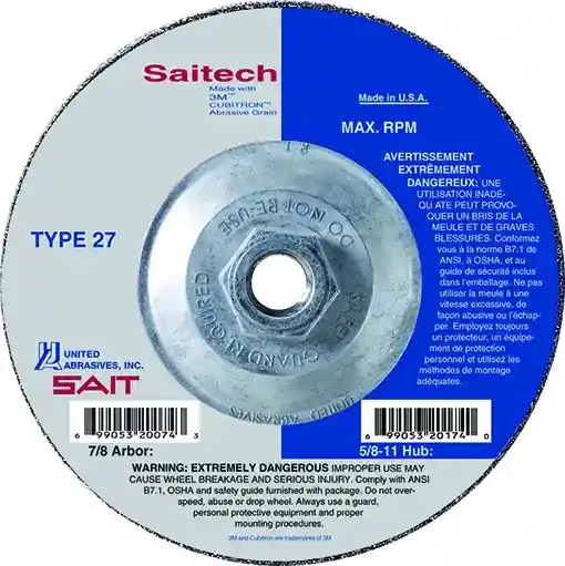 7" x 3/32" x 5/8"-11 Saitech Ultimate Performance Depressed Center Cutting Wheels, Type 27, 8,500 Max RPM, United Abrasives 22089