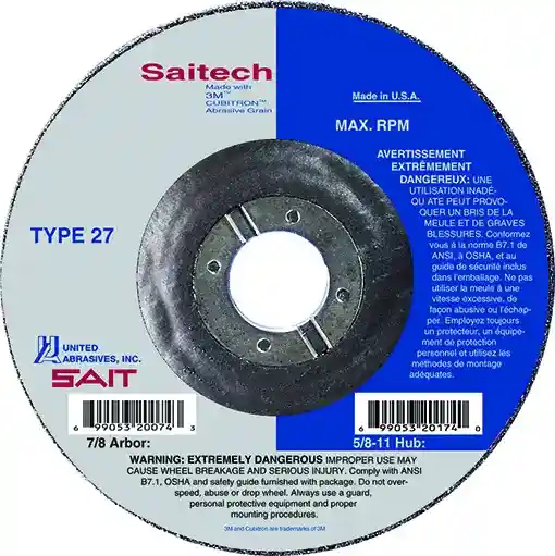 9" x 3/32" x 7/8" Saitech Ultimate Performance Depressed Center Cutting Wheels, Type 27, 6,600 Max RPM, United Abrasives 22094