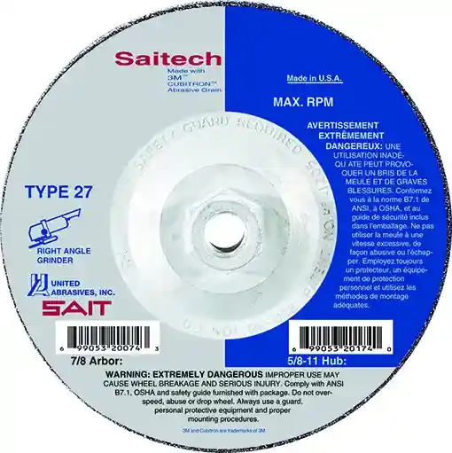 5" x 1/4" x 5/8"-11 Saitech Ultimate Performance Depressed Center Grinding Wheels, Type 27, 12,200 Max RPM, United Abrasives 20174