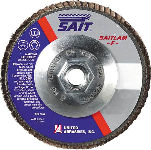 7" x 5/8"-11 2A Aluminum Oxide Grain Saitlam F Flap Discs - General Purpose, Type 29, 50 Grit, 8,500 Max RPM, Regular Density, United Abrasives 76750