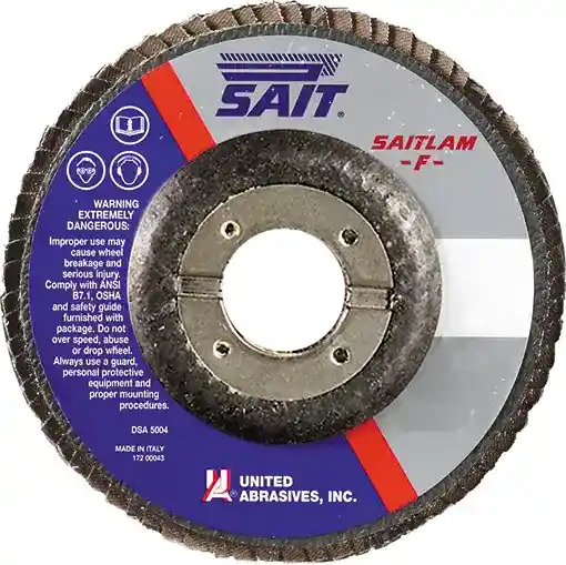 7" x 7/8" 2A Aluminum Oxide Grain Saitlam F Flap Discs - General Purpose, Type 29, 80 Grit, 8,500 Max RPM, Regular Density, United Abrasives 75780