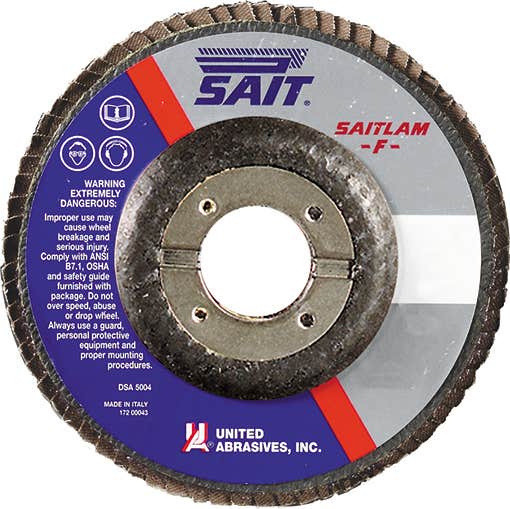 4-1/2" x 7/8" 2A Aluminum Oxide Grain Saitlam F Flap Discs - General Purpose, Type 29, 60 Grit, 13,300 Max RPM, Regular Density, United Abrasives 75460