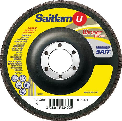 4" x 5/8" Saitlam U Winner Plus Small Diameter Flap Discs, 80 Grit, Type 29, Zirconium Grain, 15,300 Max RPM, Regular Density, United Abrasives 73403