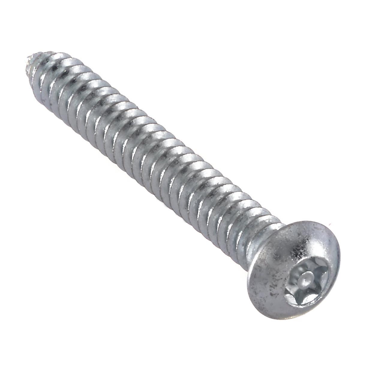 #8 x 1" Tamper-Resistant Sheet Metal Screws, Torx® Equivalent 6-Lobe with Solid Post, Button Head, Driver Size: 15TXH, Case Hardened Steel Zinc Plated