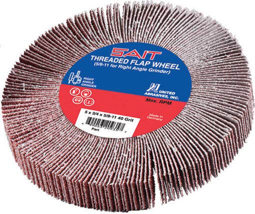 5" x 3/4" x 5/8"-11 Threaded Flap Wheels, Large Diameter, 60 Grit, 12,200 Max RPM, United Abrasives 72142