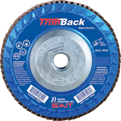5" x 5/8"-11 TrimBack Flap Discs with with Super-Lock™ Hub, 40 Grit, Type 27, Premium Zerconium Grain, 12,200 Max RPM, Trimmable Plastic, Regular Density, United Abrasives 70968