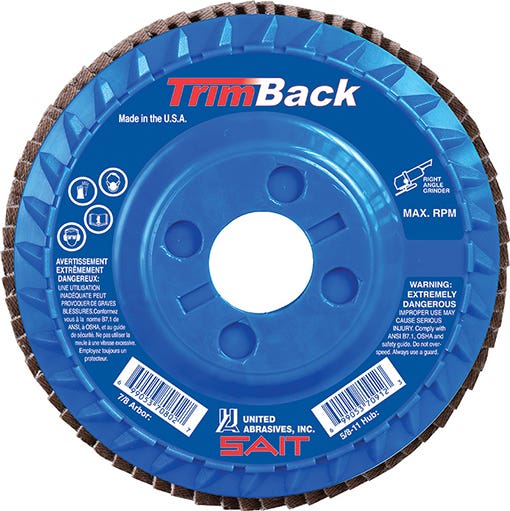 4-1/2" x 7/8" Trimback Flap Discs, Type 27, Premium Zirconium Grain - Regular Density on Plastic Backing Plate, 60 Grit, 13,300 Max RPM, United Abrasives 70852