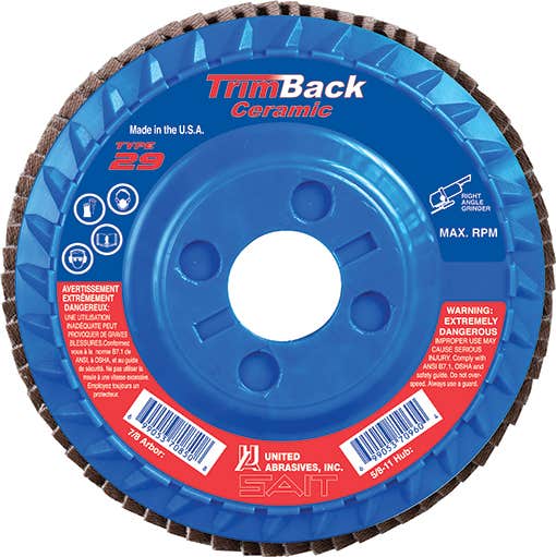 5" x 7/8" TrimBack Ceramic Flap Discs, 80 Grit, Type 29, Premium Ceramic Grain, 12,200 Max RPM, Trimmable Plastic, Regular Density, United Abrasives 70830