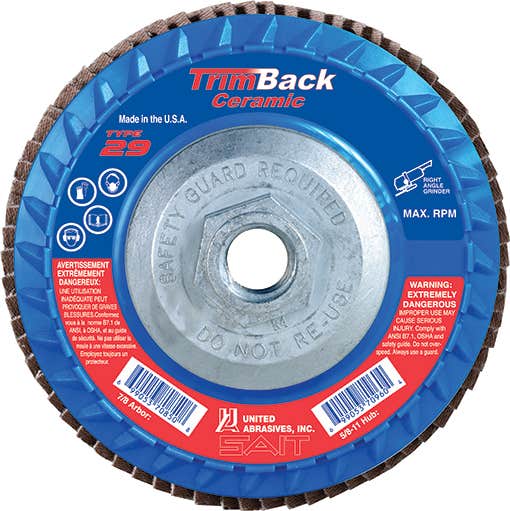 4-1/2" x 5/8"-11 TrimBack Ceramic Flap Discs with with Super-Lock™ Hub, 36 Grit, Type 29, Premium Ceramic Grain, 13,300 Max RPM, Trimmable Plastic, Regular Density, United Abrasives 70921