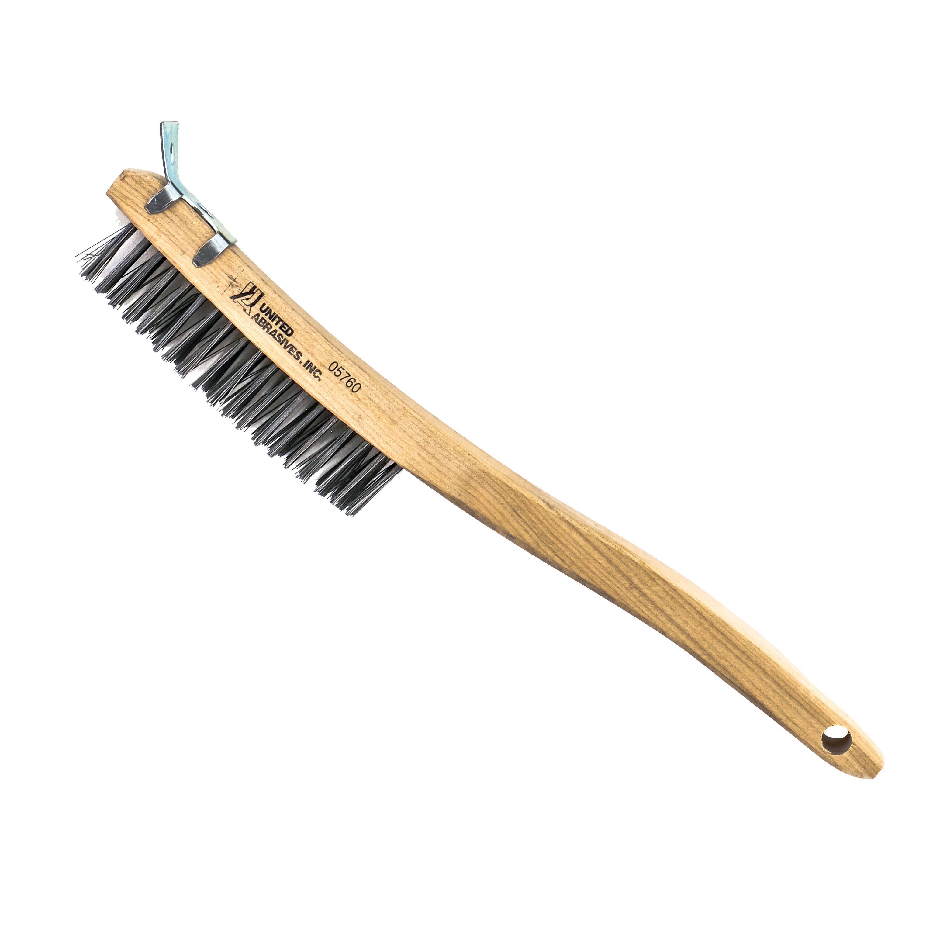 3" x 19" Rows, Curved Handle Scratch Brushes with Scraper, .014" Wire Size, Carbon Steel, United Abrasives 05760