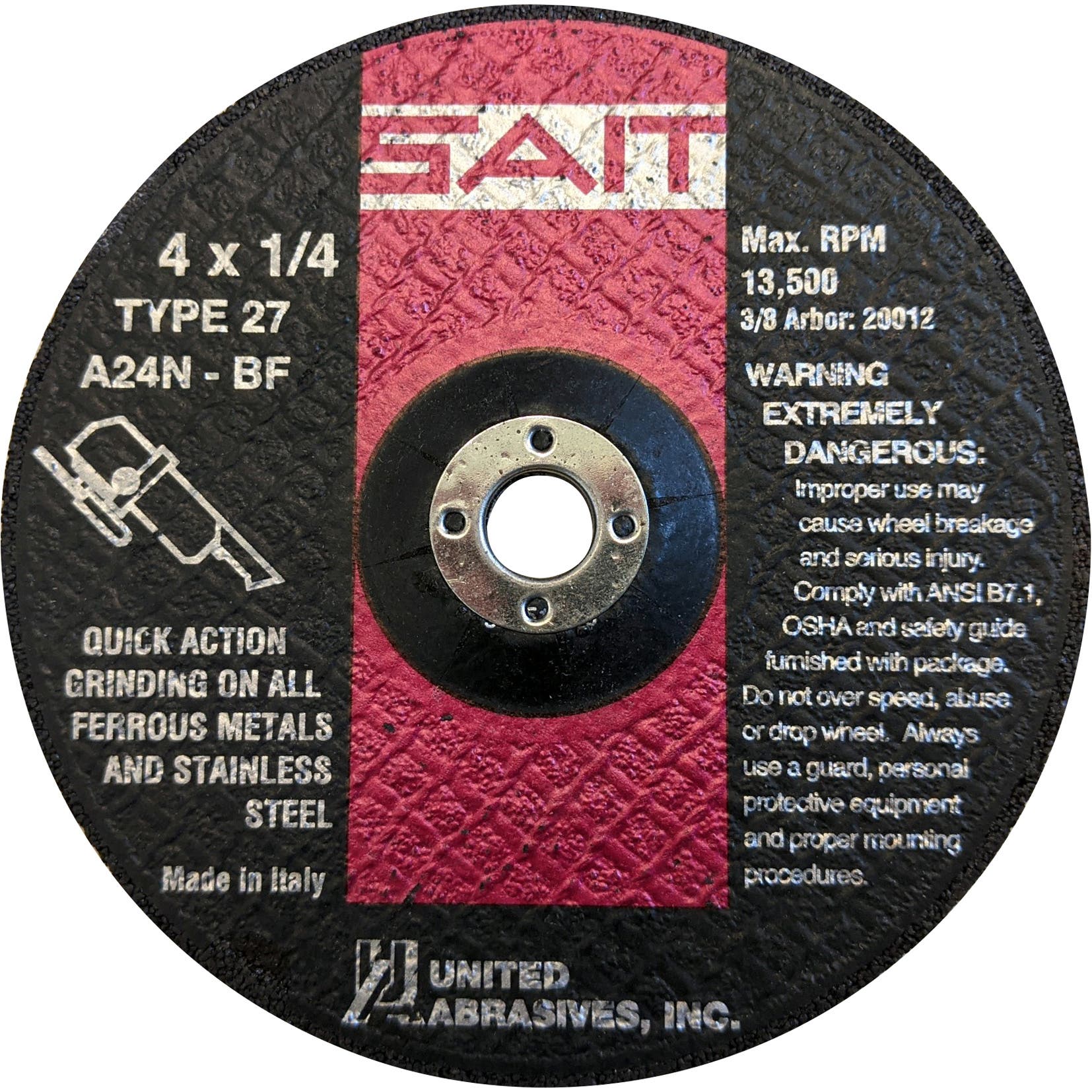 4" x 1/4" x 3/8" A24N - Fast Grinding Depressed Center Grinding Wheels, Type 27, 13,500 Max RPM, United Abrasives 20012