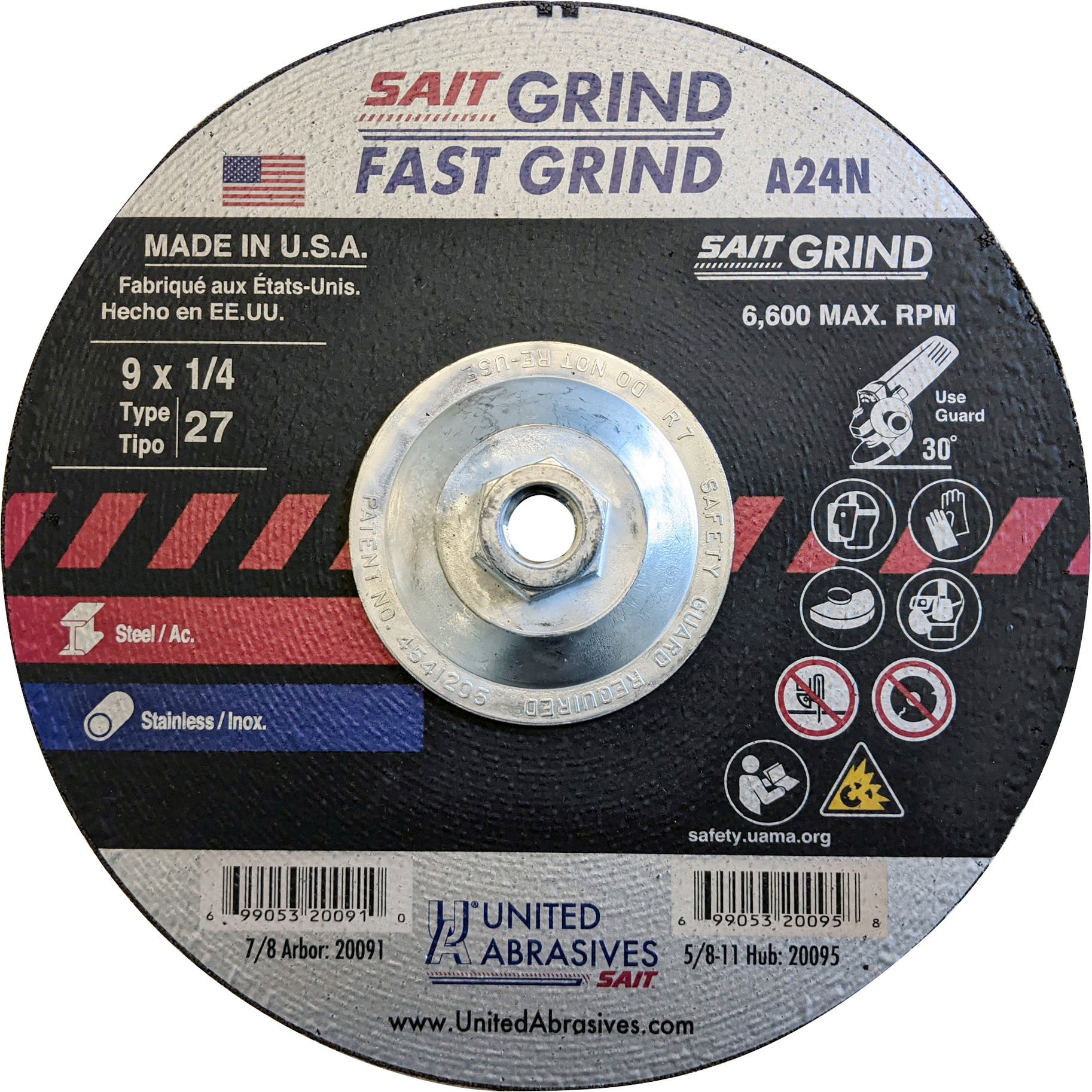 9" x 1/4" x 5/8"-11" A24N - Fast Grinding Depressed Center Grinding Wheels, Type 27, 6,600 Max RPM, United Abrasives 20095