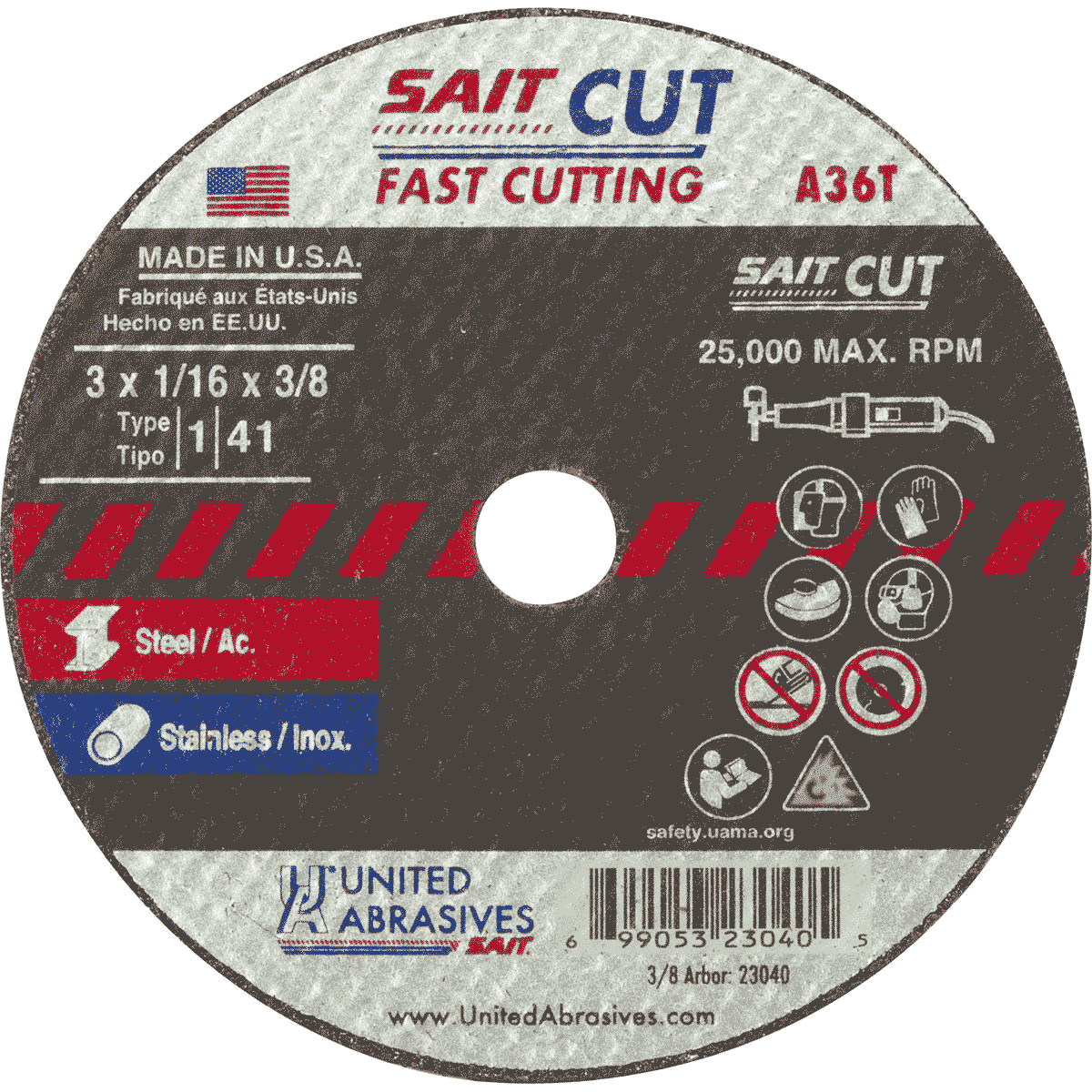 3" x .035" x 3/8" A36T - Fast Cutting Thin High Speed Cut-Off Wheels, Type 1, 25,000 Max RPM, United Abrasives 23050