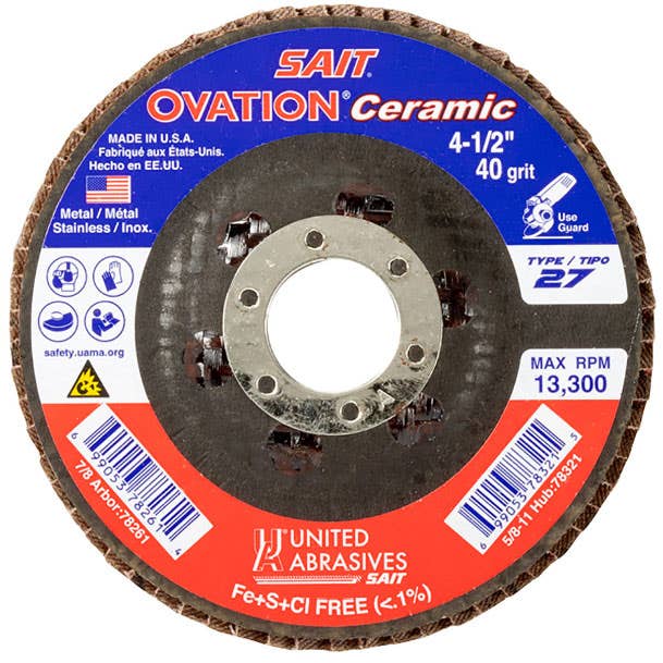 4-1/2" x 7/8" Sait Ovation Ceramic Flap Discs, Type 27, 36 Grit, United Abrasives 78260