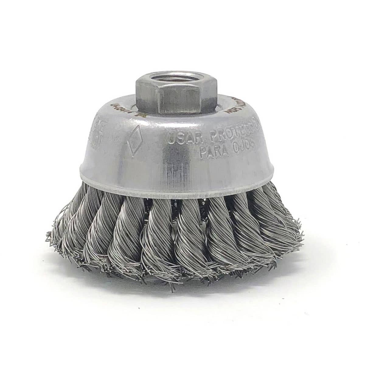 3-1/2" x .014" x 5/8"-11 Crimped Wire Small Cup Brush, 302 Stainless Steel, 12,500 Max RPM, Blue Line POS Display Packaging, United Abrasives 06514