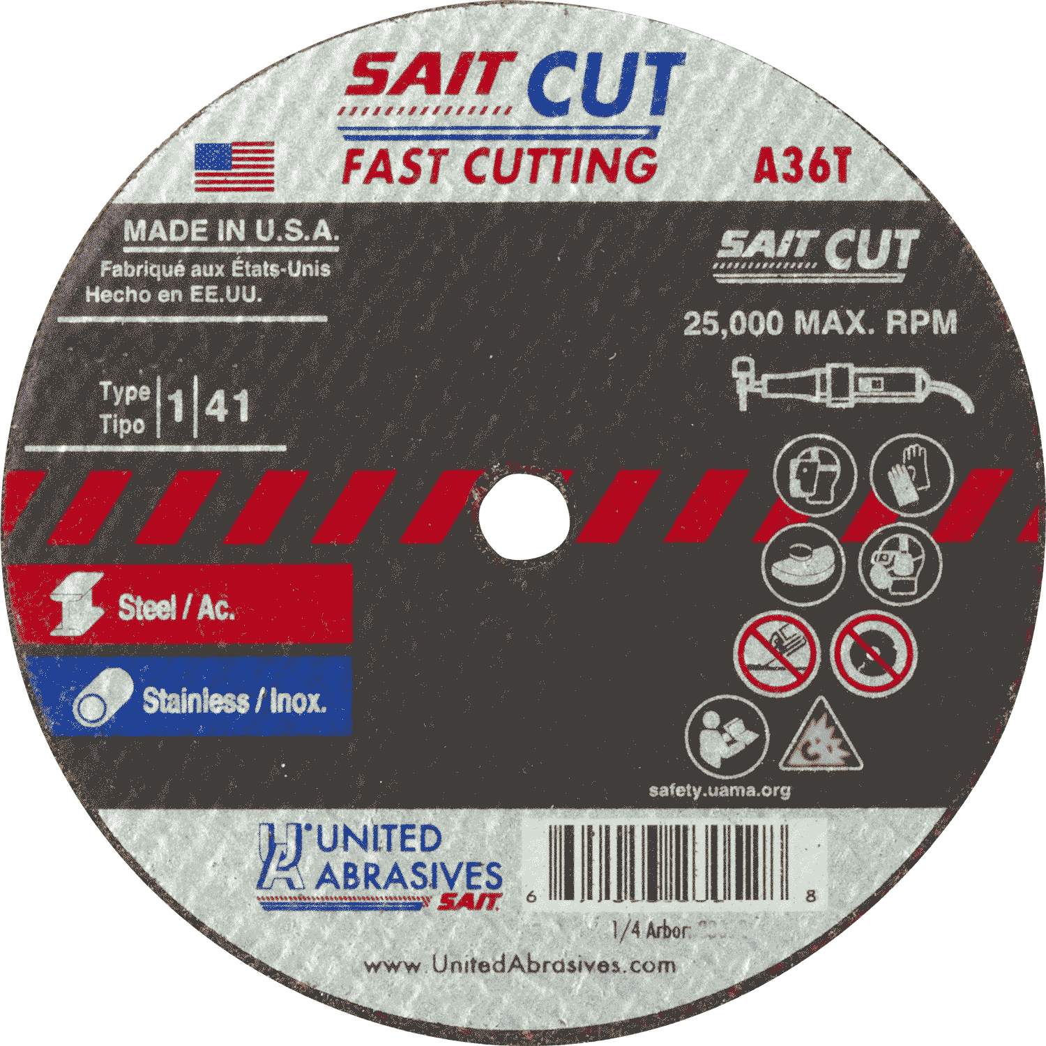 2" x .035" x 1/4" A36T - Fast Cutting Thin High Speed Cut-Off Wheels, Type 1, 30,558 Max RPM, United Abrasives 23012