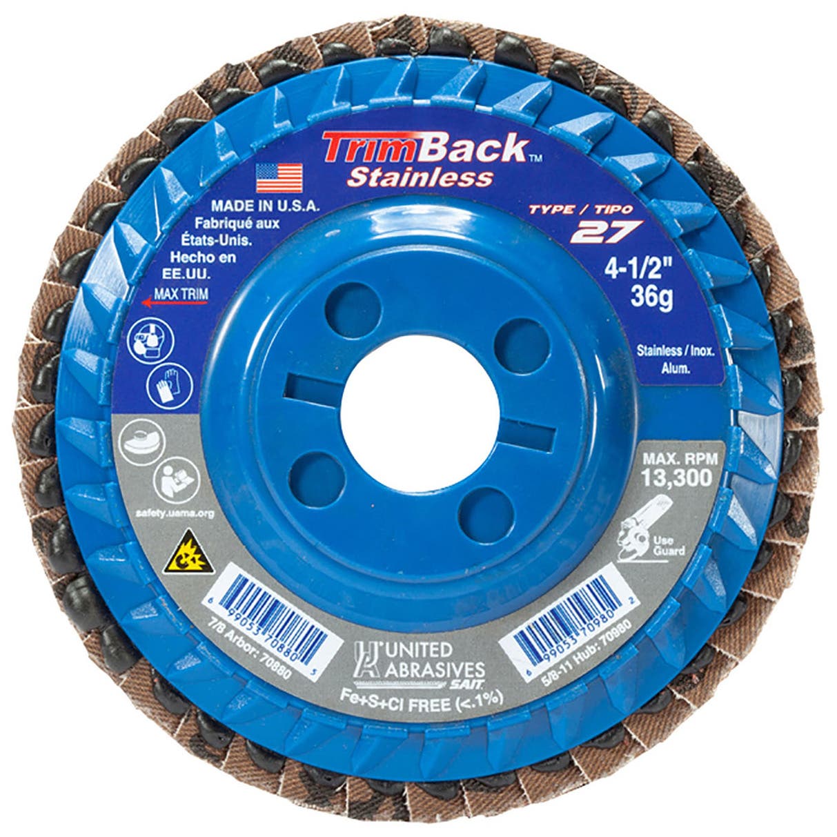 4-1/2" x 7/8" TrimBack™ Stainless Flap Disc, Type 29, 80 Grit, 10-Pack, United Abrasives-SAIT 70847