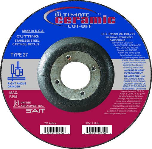 6" x .045" x 7/8" The Ultimate Ceramic Cut Off High Performance Cutting Wheels, Type 27, 10,200 Max RPM, United Abrasives 22472