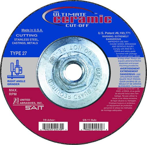 5" x .045" x 5/8"-11 The Ultimate Ceramic Cut Off High Performance Cutting Wheels, Type 27, 12,200 Max RPM, United Abrasives 22571