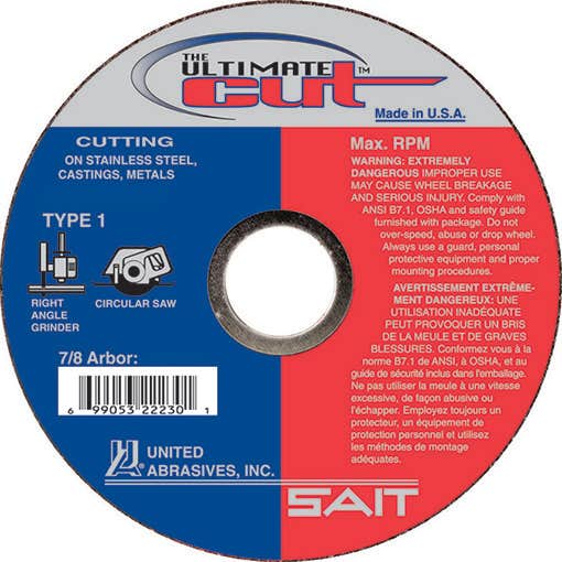 5" x .045" x 7/8" The Ultimate Cut Thin High Speed Cut-Off Wheels, Type 1, United Abrasives 22235