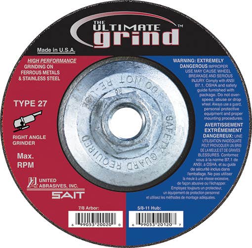 7" x 1/4" x 5/8"-11 The Ultimate Grind™ Grinding Wheels, Type 27, 8,500 Max RPM, United Abrasives 22517