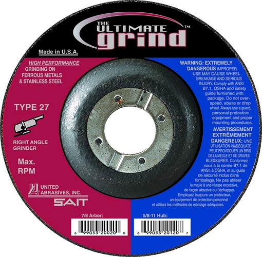 7" x 1/4" x 7/8" The Ultimate Grind™ Grinding Wheels, Type 27, 8,500 Max RPM, United Abrasives 22417
