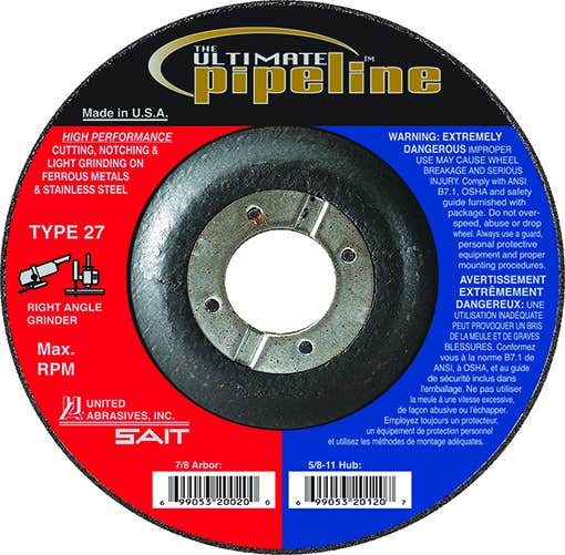 7" x 1/8" x 7/8" The Ultimate Pipeline™ Specialty Pipeline Cutting & Grinding Wheels, Type 27, United Abrasives 8,500 Max RPM, United Abrasives 20035