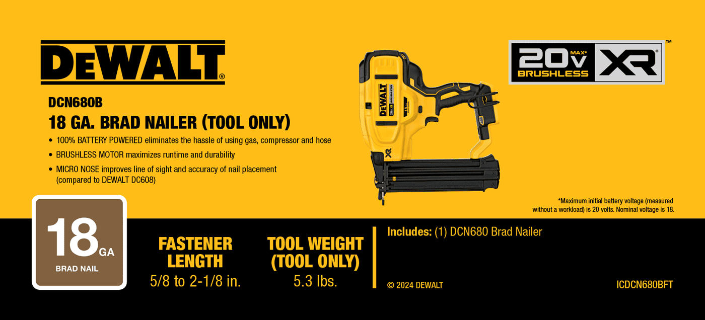 DeWalt 20V MAX XR 18 Gauge Cordless Brad Nailer DCN680B Tanner